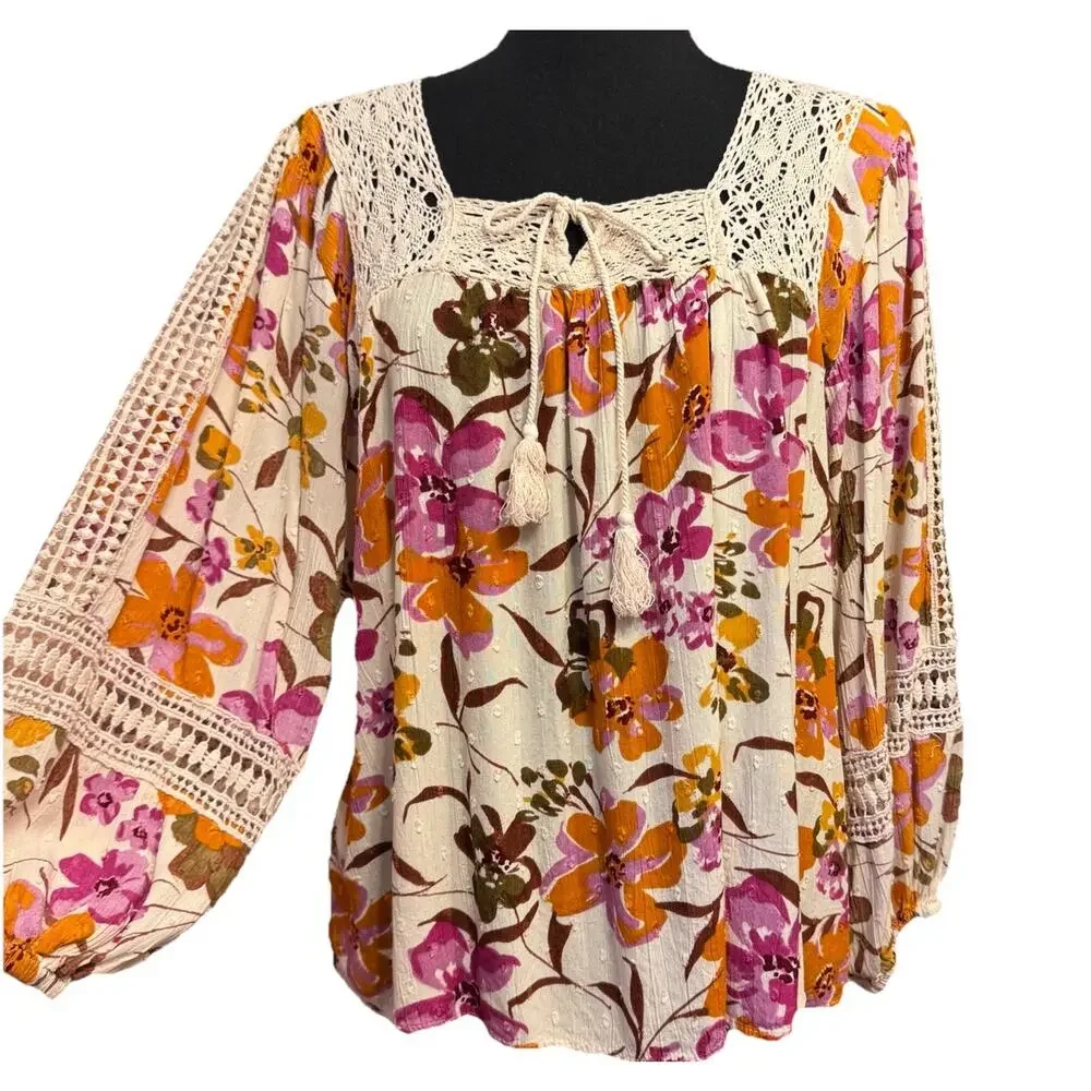 Angie Blouse Medium Womens Top Boho Peasant Cottagecore Crocheted Accents - Picture 1 of 8
